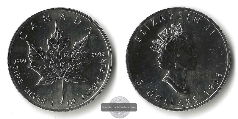  Kanada  5 Dollar  1993   Maple Leaf   FM-Frankfurt   Feinsilber: 31,1g   