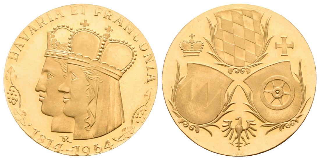 PEUS 5885 BRD 20 mm / 3,17 g Feingold. Unterfranken 150 Jahre bayerisch 1814-1964 Goldmedaille 1964 Fast Stempelglanz