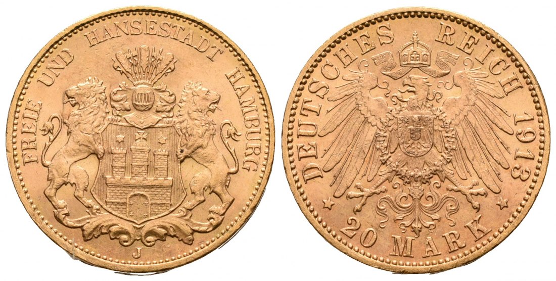 PEUS 5890 Hamburg - Kaiserreich 7,16 g Feingold. Stadtwappen 20 Mark GOLD 1913 J Vorzüglich