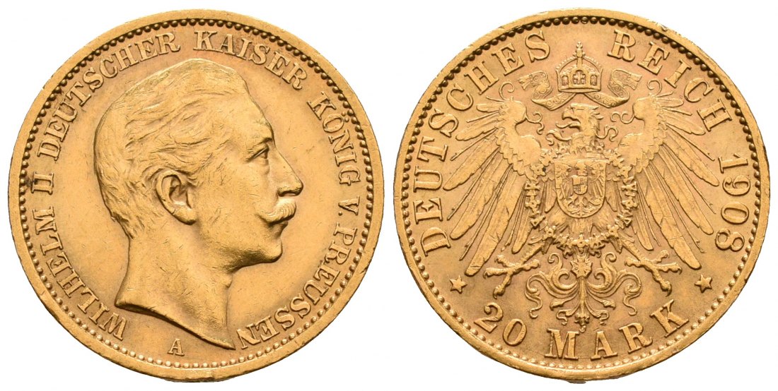 PEUS 5893 Kaiserreich - Preußen 7,16 g Feingold. Wilhelm II. (1888 - 1918) 20 Mark GOLD 1908 A Kl. Kratzer, fast Vorzüglich