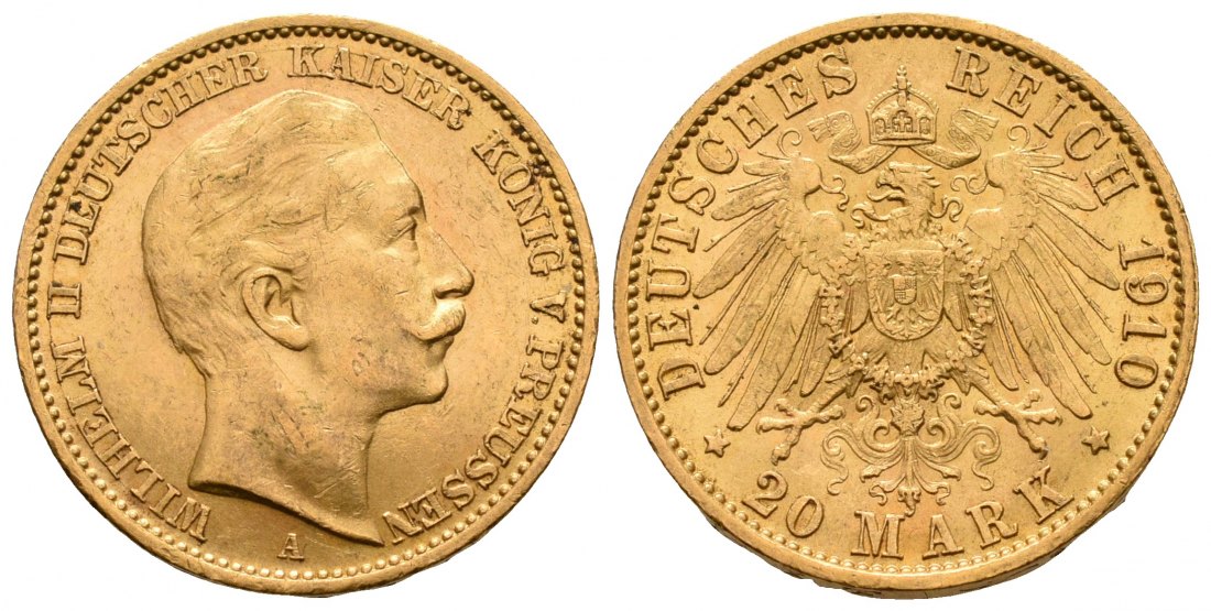 PEUS 5894 Kaiserreich - Preußen 7,16 g Feingold. Wilhelm II.(1888 - 1918) 20 Mark GOLD 1910 A Kl. Kratzer, Sehr schön