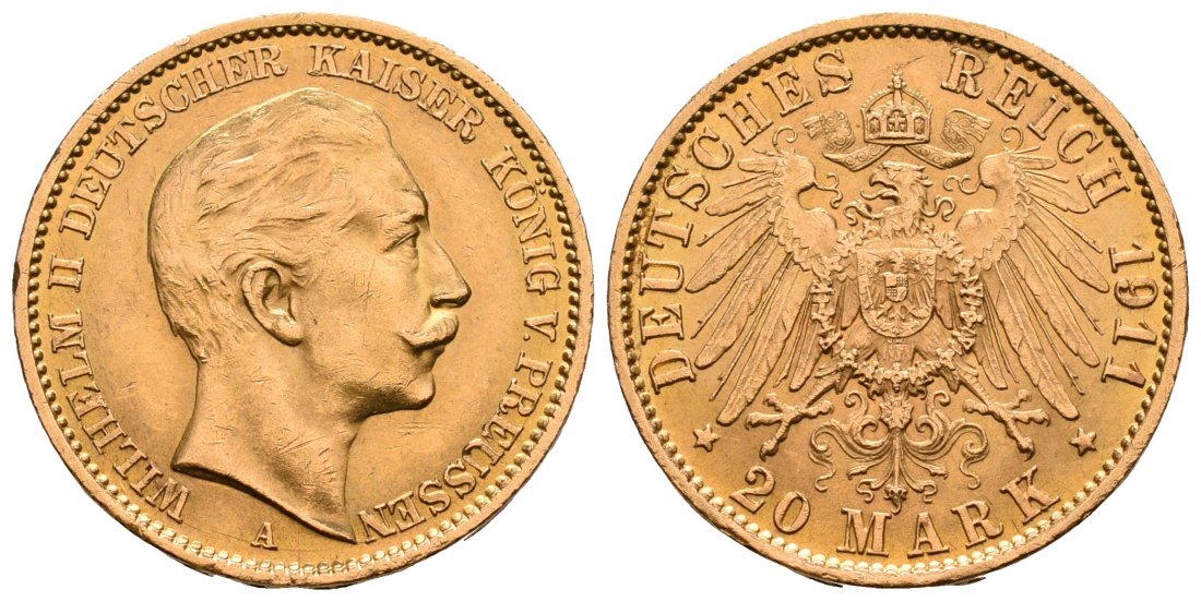 PEUS 5895 Preußen - Kaiserreich 7,16 g Feingold. Wilhelm II. (1888 - 1918) 20 Mark GOLD 1911 A Kl. Kratzer, fast Vorzüglich