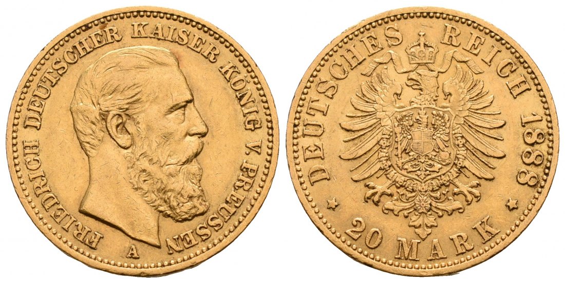 PEUS 5897 Kaiserreich - Preußen 7,16 g Feingold. Friedrich III.(09.03. - 15.06.1888) 20 Mark GOLD 1888 A Kl. Kratzer, Sehr schön