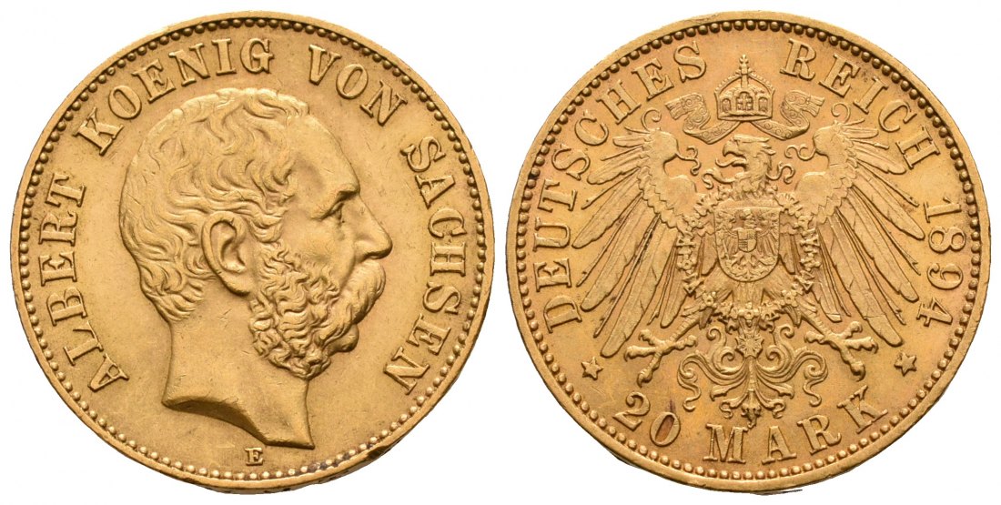 PEUS 5898 Kaiserreich - Sachsen 7,16 g Feingold. Albert (1873 - 1902) 20 Mark GOLD 1894 E Dresden Kl. Randfehler, Sehr schön +