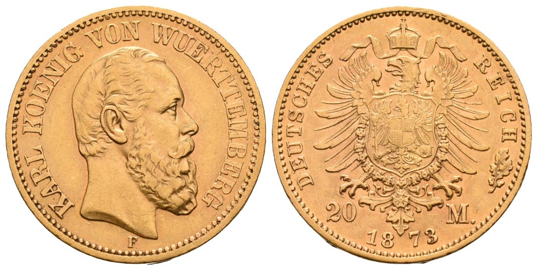 PEUS 5899 Kaiserreich - Württemberg 7,16 g Feingold. Karl (1864 - 1891) 20 Mark GOLD 1873 F Stuttgart Sehr schön