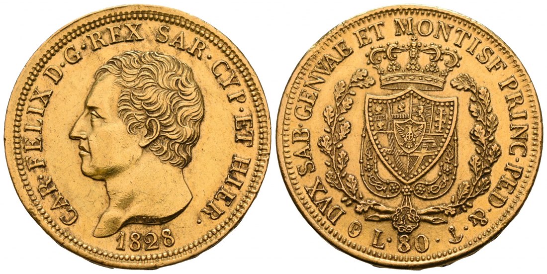 PEUS 5903 Italien Königreich 23,23 g Feingold. Karl Felix (1821 - 1831)) incl. Beschreibung 80 Lire GOLD 1828 P Genua Sehr schön