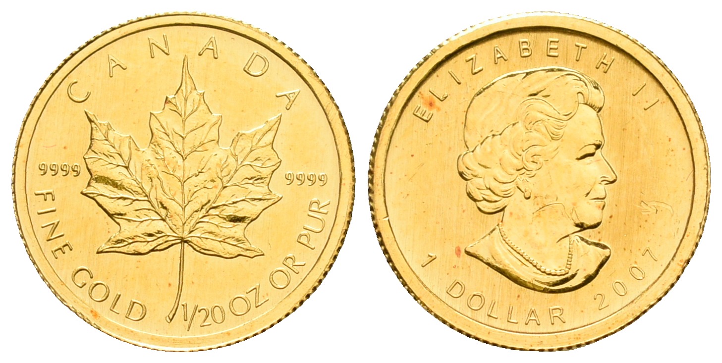 PEUS 5904 Kanada 1,56 g Feingold. Maple Leaf Dollar GOLD 1/20 Unze 2007 KratzeImpaired Proof / Vorzüglich aus PP