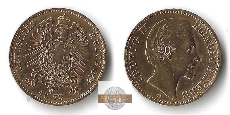 Bayern, Kaiserreich 20 Mark MM-Frankfurt Feingold: 7,17g Ludwig II. 1864-1886 1873 D 