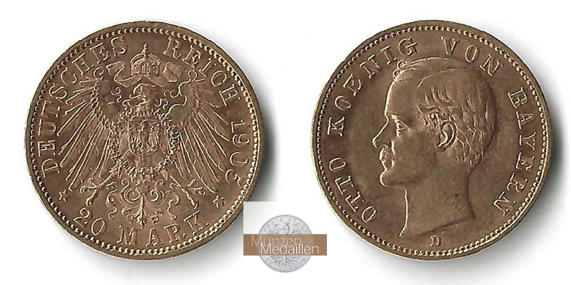 Bayern, Kaiserreich  20 Mark MM-Frankfurt Feingold: 7,17g Otto 1886-1913 1905 D 