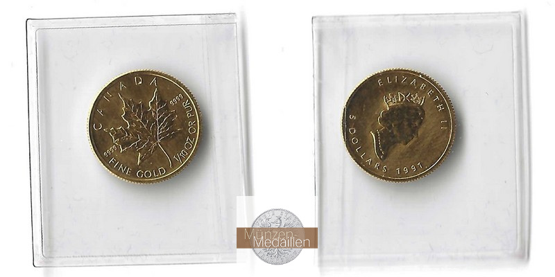 Kanada MM-Frankfurt Feingold: 3,11g 5 Dollar Maple Leaf 1991 