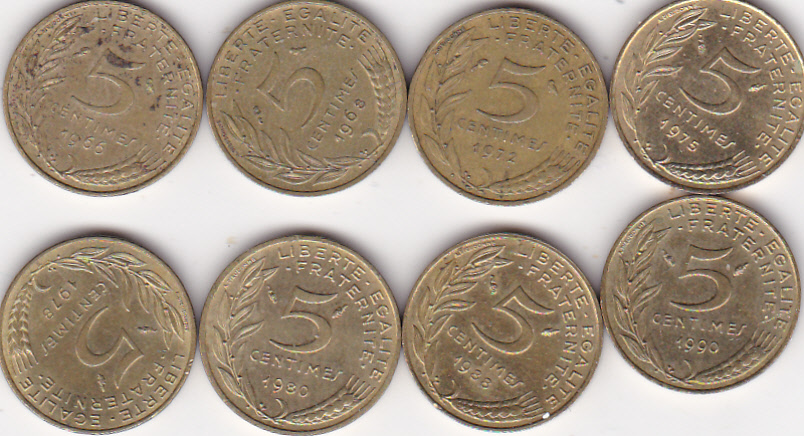  Frankreich, 5 Centimes 1966,1968,1972,1975,1979,1980,1988,1990   
