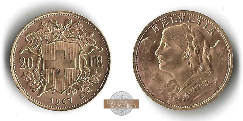 Schweiz  20sFR MM-Frankfurt Feingold: 5,81g Vreneli 1947 B 