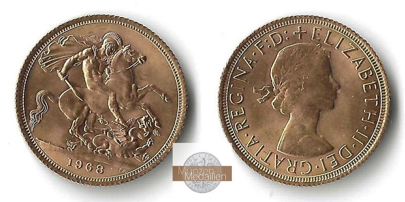 Grossbritannien  Sovereign MM-Frankfurt  Feingold: 7,32g Elisabeth II. 1968 