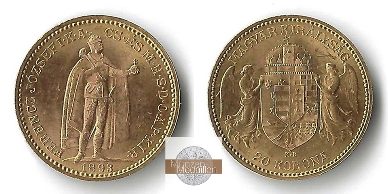 Ungarn MM-Frankfurt  Feingold: 6,10g 20 Kronen 1893 