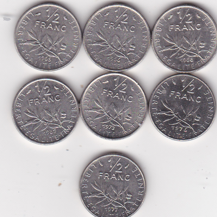  Frankreich,  7 x 1/2 Franc 1965 -  1977   