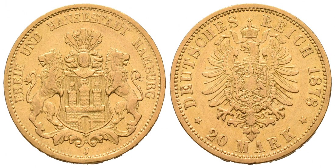 PEUS 5928 Hamburg - Kaiserreich 7,16 g Feingold. Stadtwappen / Kleiner Adler 20 Mark GOLD 1878 J Sehr schön