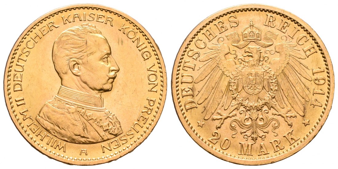PEUS 5502 Kaiserreich - Preußen 7,16 g Feingold. Kaiser in Kürassieruniform 20 Mark GOLD 1914 A Vorzüglich / Stempelglanz