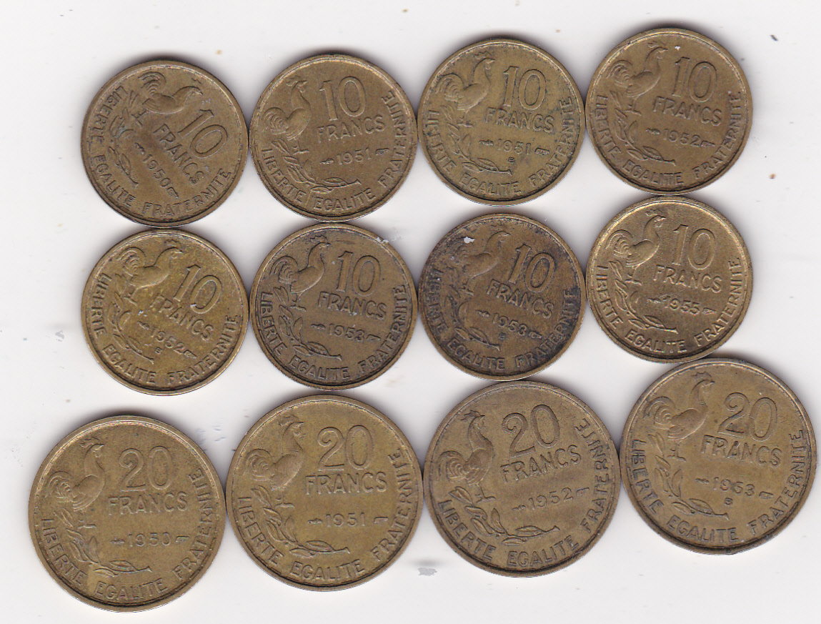  Frankreich, 8 x 10 Franc 1950-1955, 4 x 20 Franc 1950-1953B   