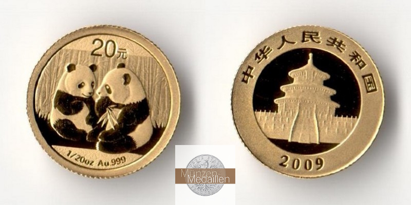 China  20 Yuan MM-Frankfurt Feingold: 1,56g Zwei Pandas 2009 