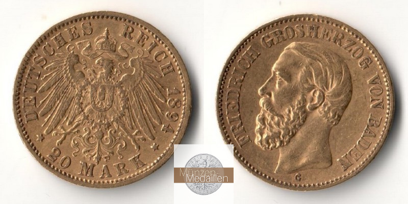 Baden, Kaiserreich  20 Mark MM-Frankfurt Feingold: 7,17g Friedrich I. 1852 - 1907 1894 G 