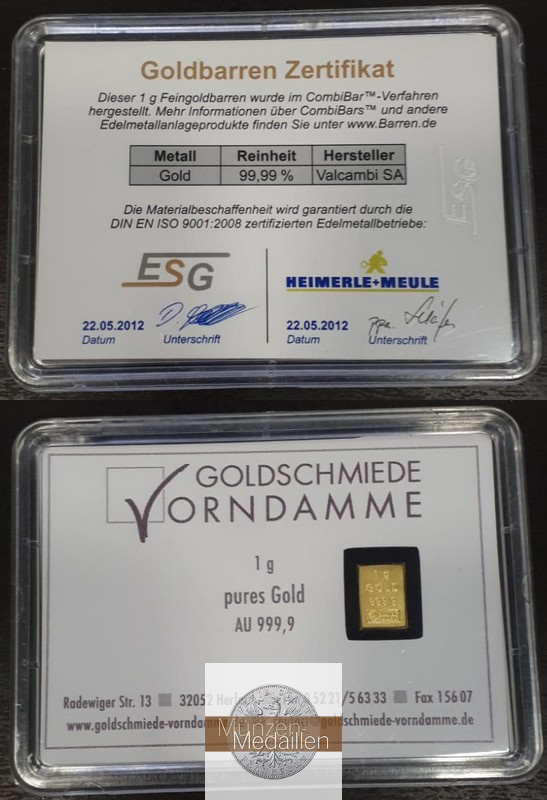Deutschland, 1g Goldbarren MM-Frankfurt Feingold: 1g Goldschmiede Vorndamme  