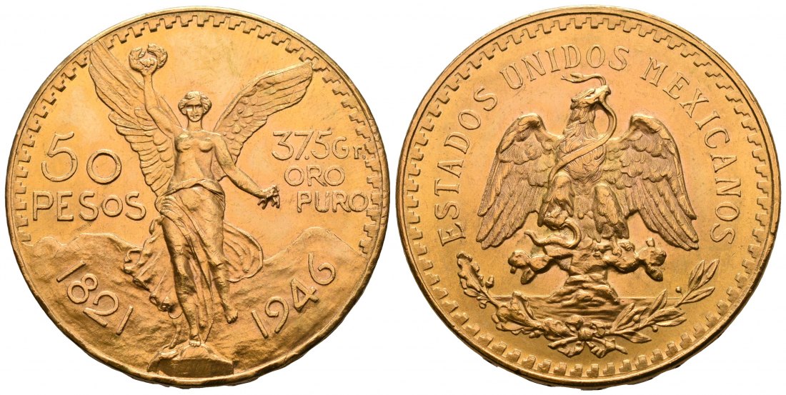 PEUS 5914 Mexiko 37,5 g Feingold. 50 Pesos GOLD 1946 Kl. Kratzer, Vorzüglich +
