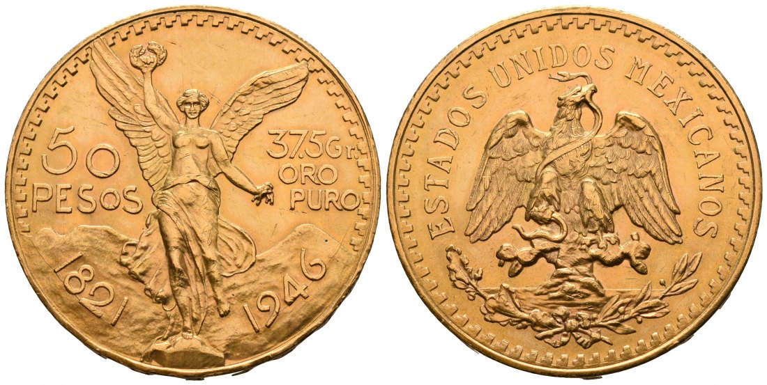 PEUS 5915 Mexiko 37,5 g Feingold. 50 Pesos GOLD 1946 Kl. Kratzer, Vorzüglich +