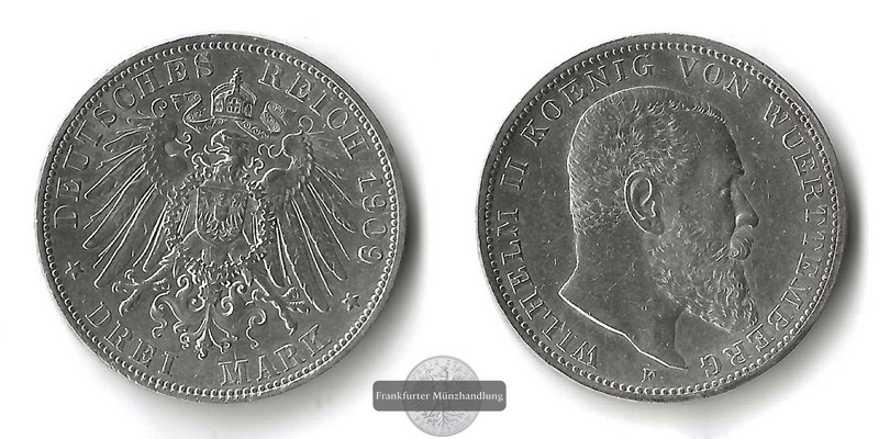  Württemberg, Kaiserreich  3 Mark  1909 F   Wilhelm II.  FM-Frankfurt  Feinsilber: 15g   