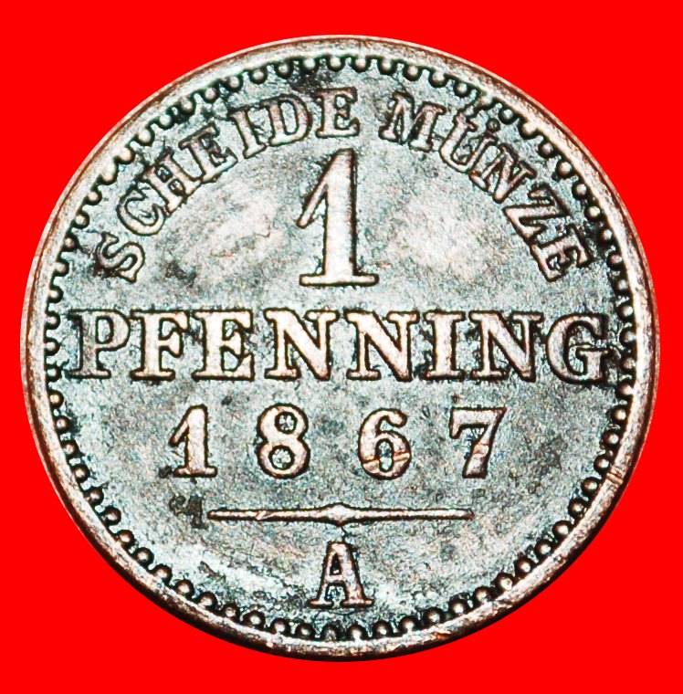  • PRUSSIA:  GERMANY ★ 1 PFENNIG 1867A! WILLIAM I (1861-1888) LOW START ★ NO RESERVE!   