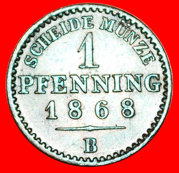  • PRUSSIA:  GERMANY ★ 1 PFENNIG 1868B! WILLIAM I (1861-1888) LOW START ★ NO RESERVE!   