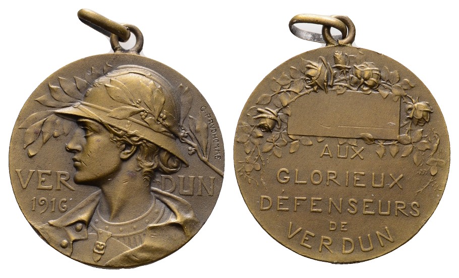 Linnartz 1. Weltkrieg, VERDUN, JUGENDSTIL, Tragbare Bronzemed. 1916, Verteidigung Verduns, 29mm,f.st   
