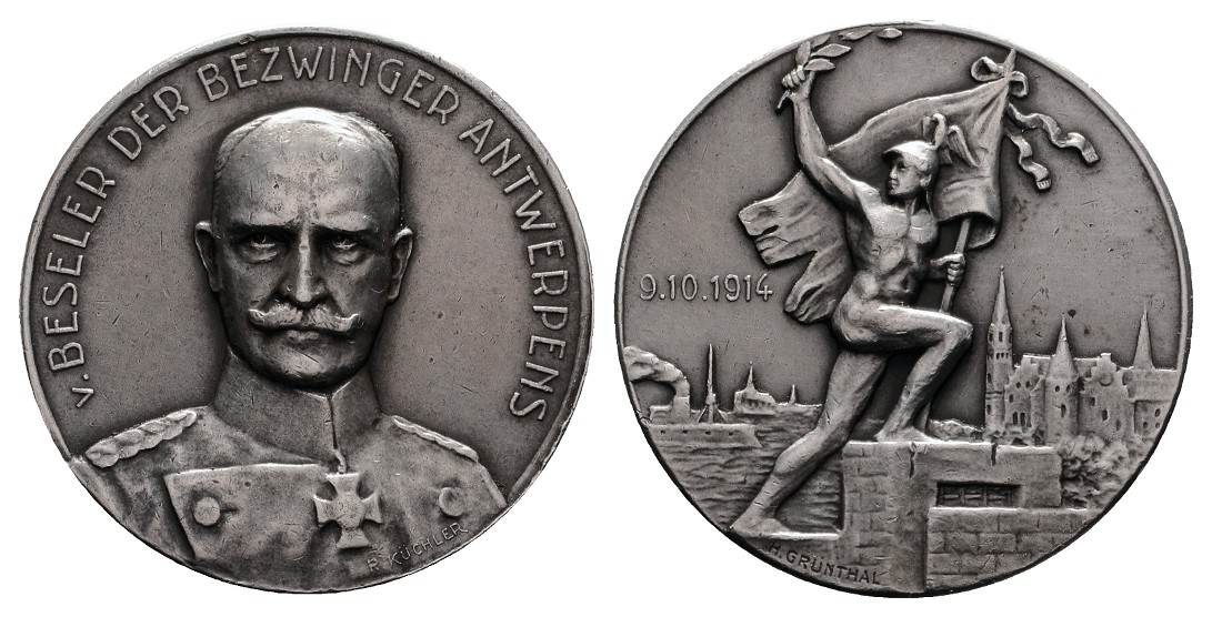  Linnartz 1. Weltkrieg, Silbermed. 1914 (Grünthal), v. Beseler, Bezwinger Antwerpens, 34,5mm, vz   