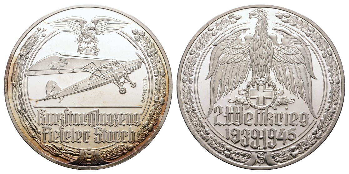  Linnartz 2. Weltkrieg Silbermedaille, Kurzstartflugzeug - Fieseler Storch , 35,24/fein, 50 mm, PP   