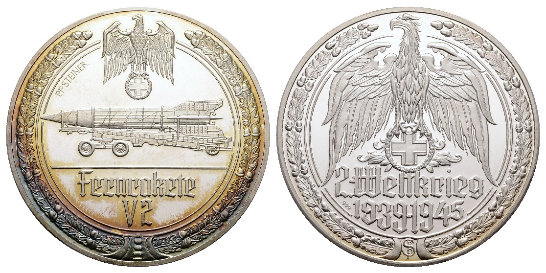  Linnartz 2. Weltkrieg Silbermedaille, Fernrakete - V2 , 35,31/fein, 50 mm, PP   