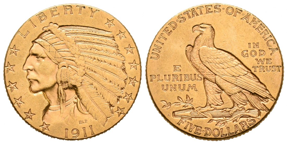 PEUS 4755 USA 7,52 g Feingold. Indian Head 5 Dollars GOLD 1911 Sehr schön