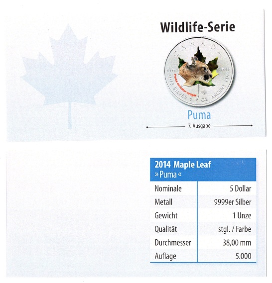  Canada 5 $ 2014 <i>Wildlife-Serie I. - Puma</i> Silber-Farbe inkl. Zertifikat   