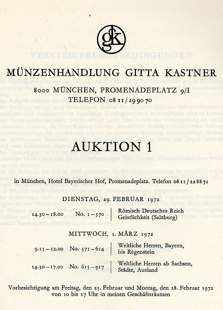  Kastner (München) Auktion 01 (1972) Römisch Deutsches Reich - Österreich ,Böhmen ,Serie Salzburg   