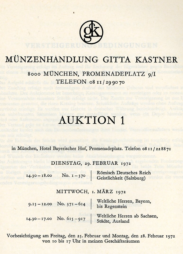  Kastner (München) Auktion 01 (1972) Römisch Deutsches Reich - Österreich ,Böhmen ,Serie Salzburg   