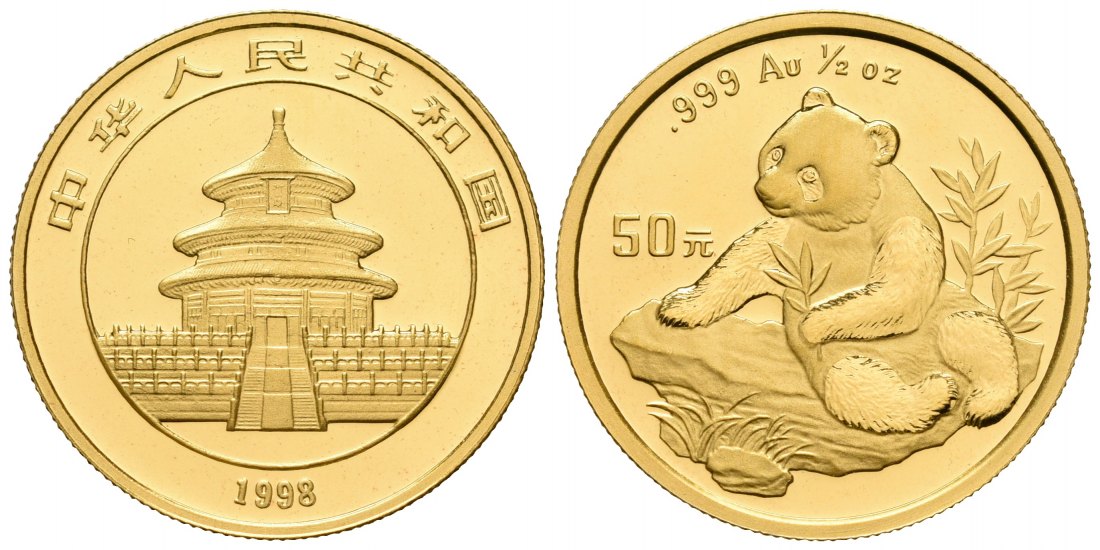 PEUS 5981 China 15,55 g Feingold. Sitzender Panda auf Fels 50 Yuan GOLD 1/2 Unze 1998 Proof (berührt)