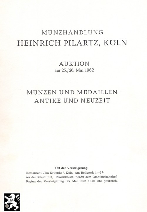  Pilartz (Köln) Auktion 01 (1962) - Münzen & Medaillen - Antike ,Mittelalter ,Neuzeit   