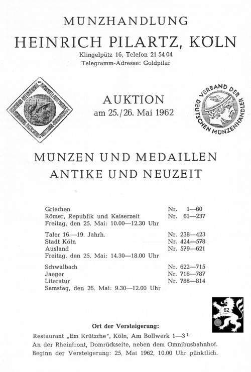  Pilartz (Köln) Auktion 01 (1962) - Münzen & Medaillen - Antike ,Mittelalter ,Neuzeit   