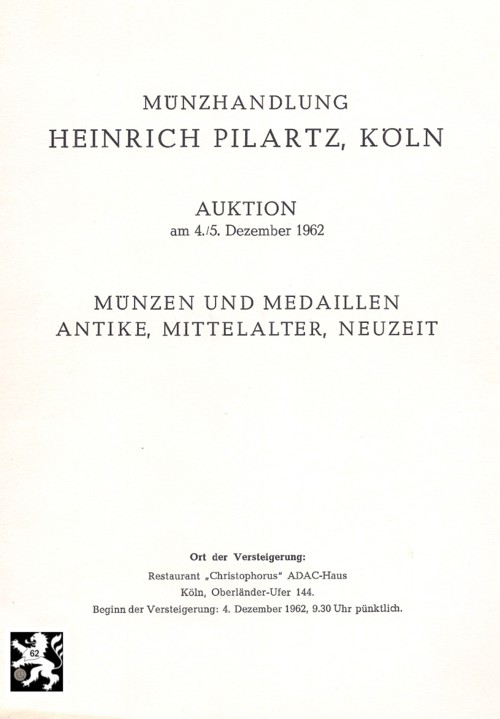 Pilartz (Köln) Auktion 02 (1962) - Antike bis Neuzeit ua Rheinland und Westfalen sowie Päpste   