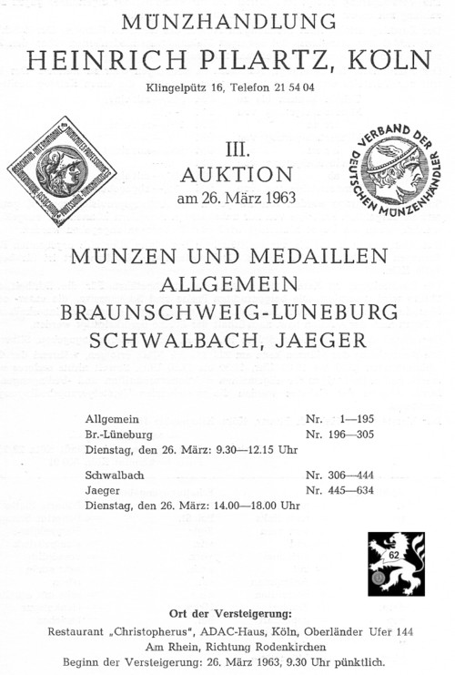  Pilartz (Köln) Auktion 03 (1963) Allgemein ,Braunschweig-Lüneburg /Münzen nach Schwalbach und Jaeger   