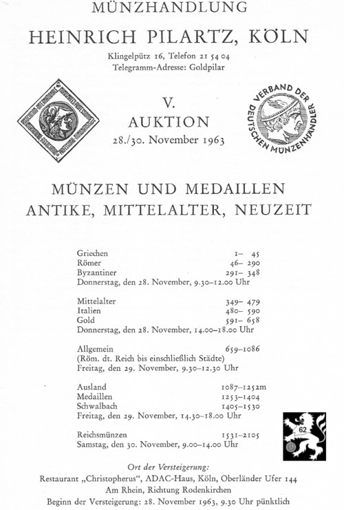  Pilartz (Köln) Auktion 05 (1963) Teile Münzen&Medaillen aus Sammlung VIRGIL BRAND - Antike -Neuzeit   