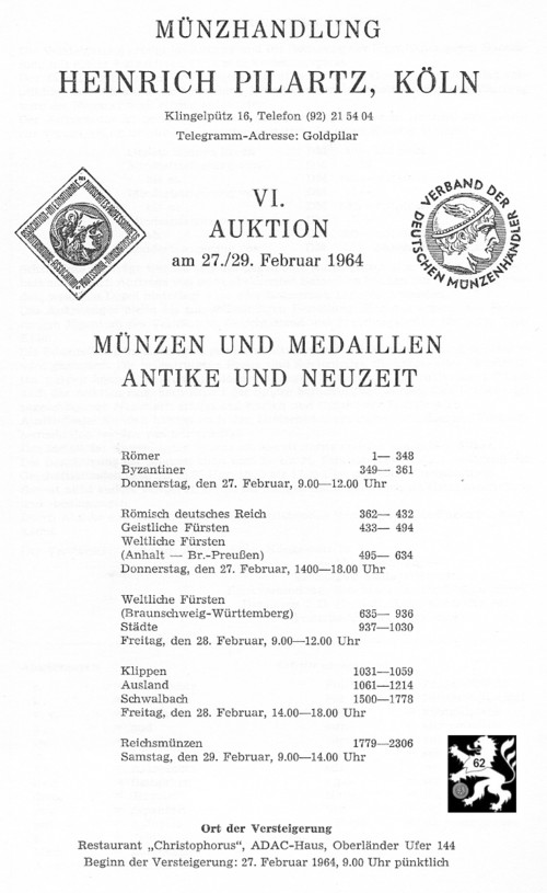  Pilartz (Köln) Auktion 06 (1964) Not und Belagerungsklippen von Jülich und Landau ua   