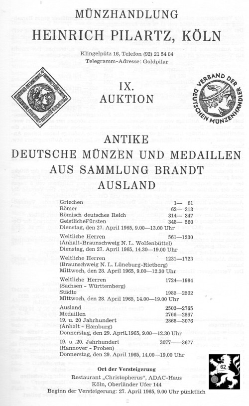  Pilartz (Köln) Auktion 09 (1965) Deutsche Münzen und Medaillen aus Sammlung VIRGIL BRAND (Teil 3)   