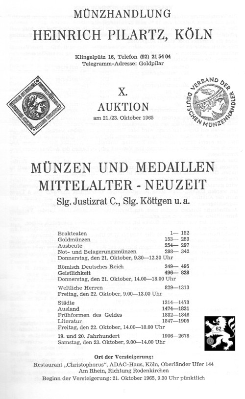  Pilartz (Köln) Auktion 10 (1965) Münzen&Medaillen Sammlung Justizrad C./Sammlung KÖTTGEN Brakteaten   