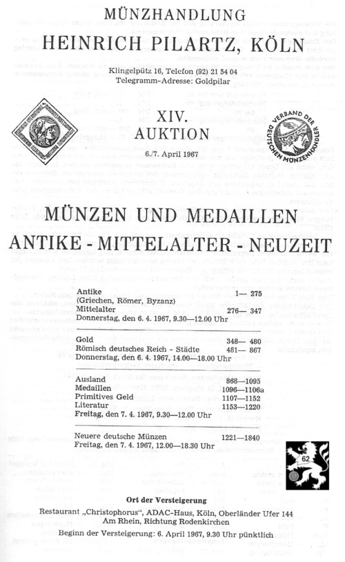  Pilartz (Köln) Auktion 14 (1967) Münzen & Medaillen - Antike ,Mittelalter ,Neuzeit   