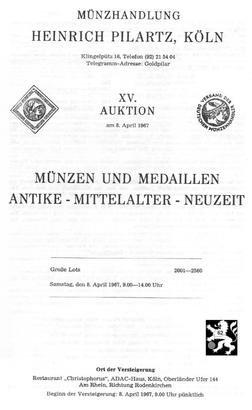  Pilartz (Köln) Auktion 15 (1967) Antike - Mittelalter und Neuzeit Grosse Lots   