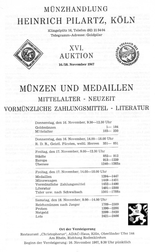  Pilartz (Köln) Auktion 16 (1967) Münzen Antike ,Mittelalter ,Neuzeit ua. Vormünzliche Zahlungsmittel   